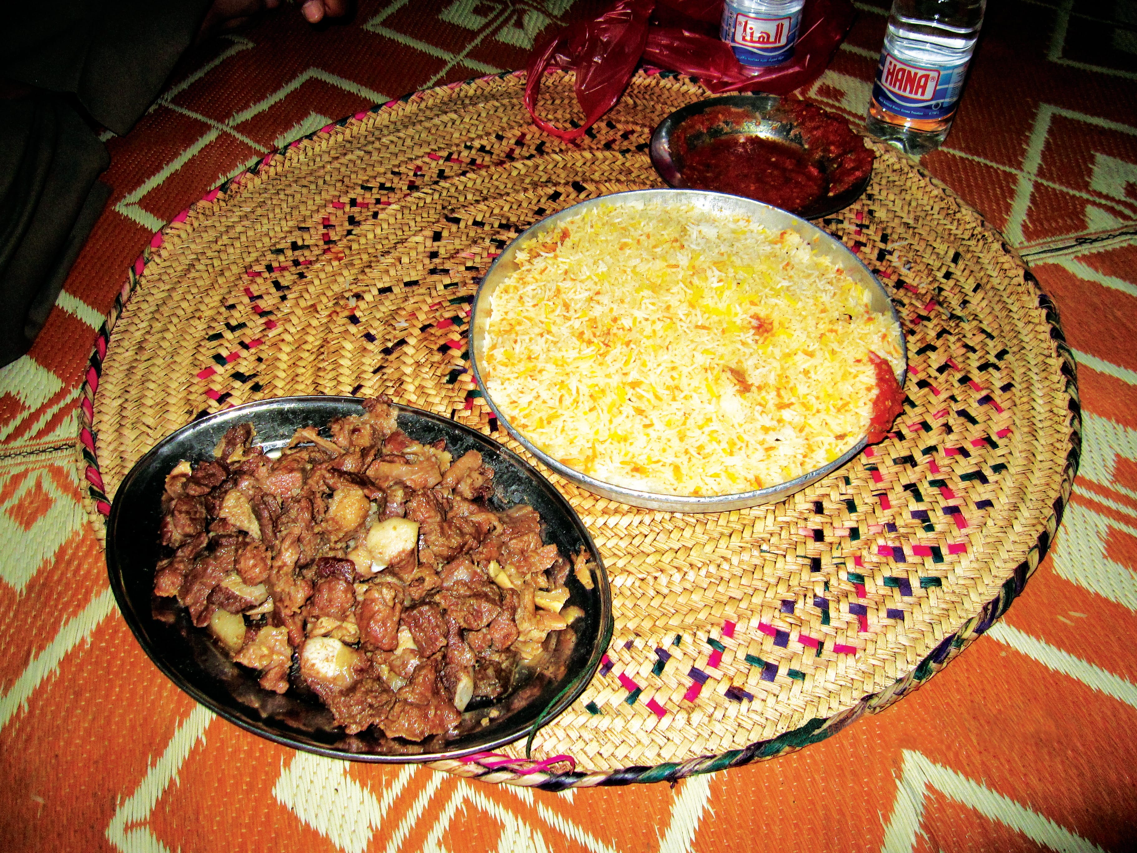 Spiced rice with camel meat and chilli sauce.
